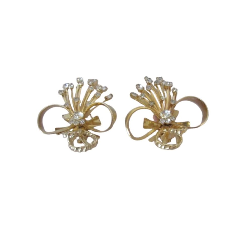 Vintage 60s Sarah Coventry Gold Tone Larger Bows w Clear Rhinestones Clip On Ear - Picture 2 of 5